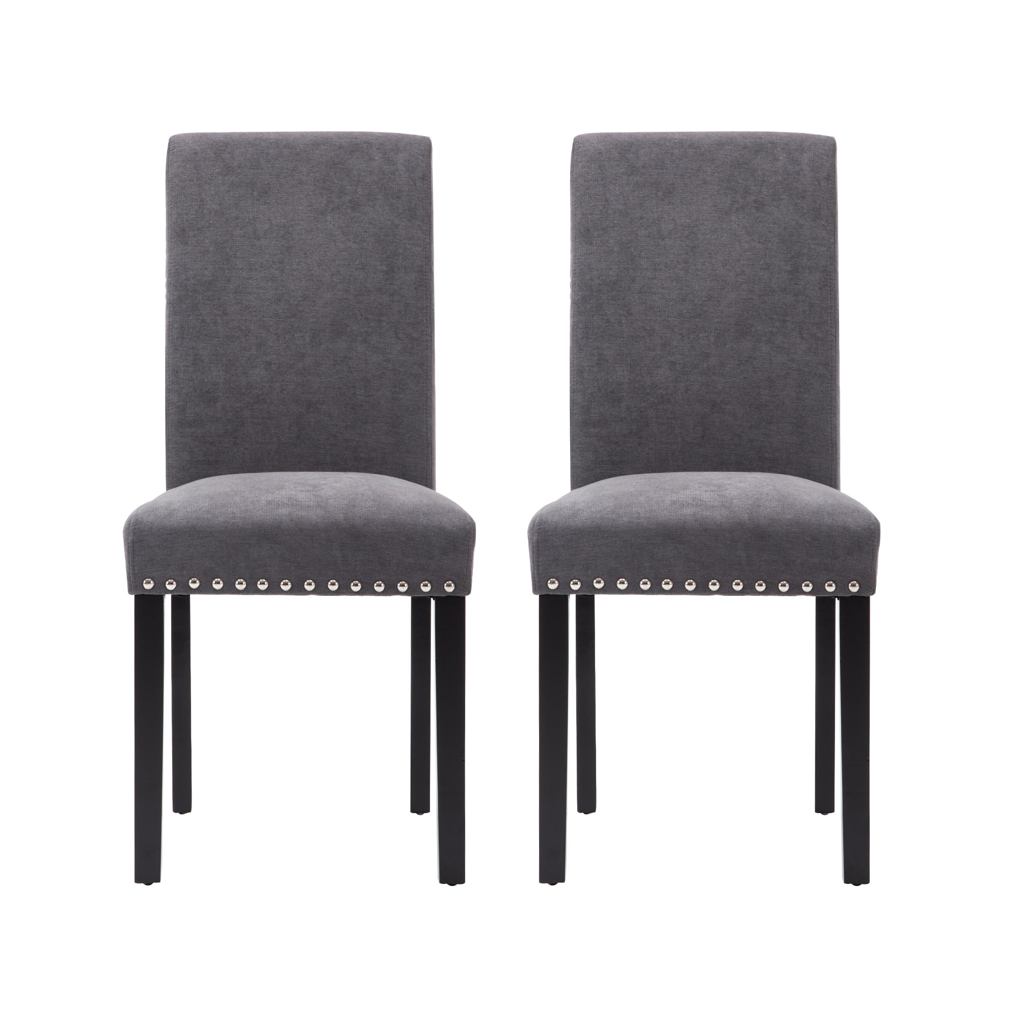 Fabric Upholstered Dining Chair with Silver Nailhead Trim in Gray, Set of 2