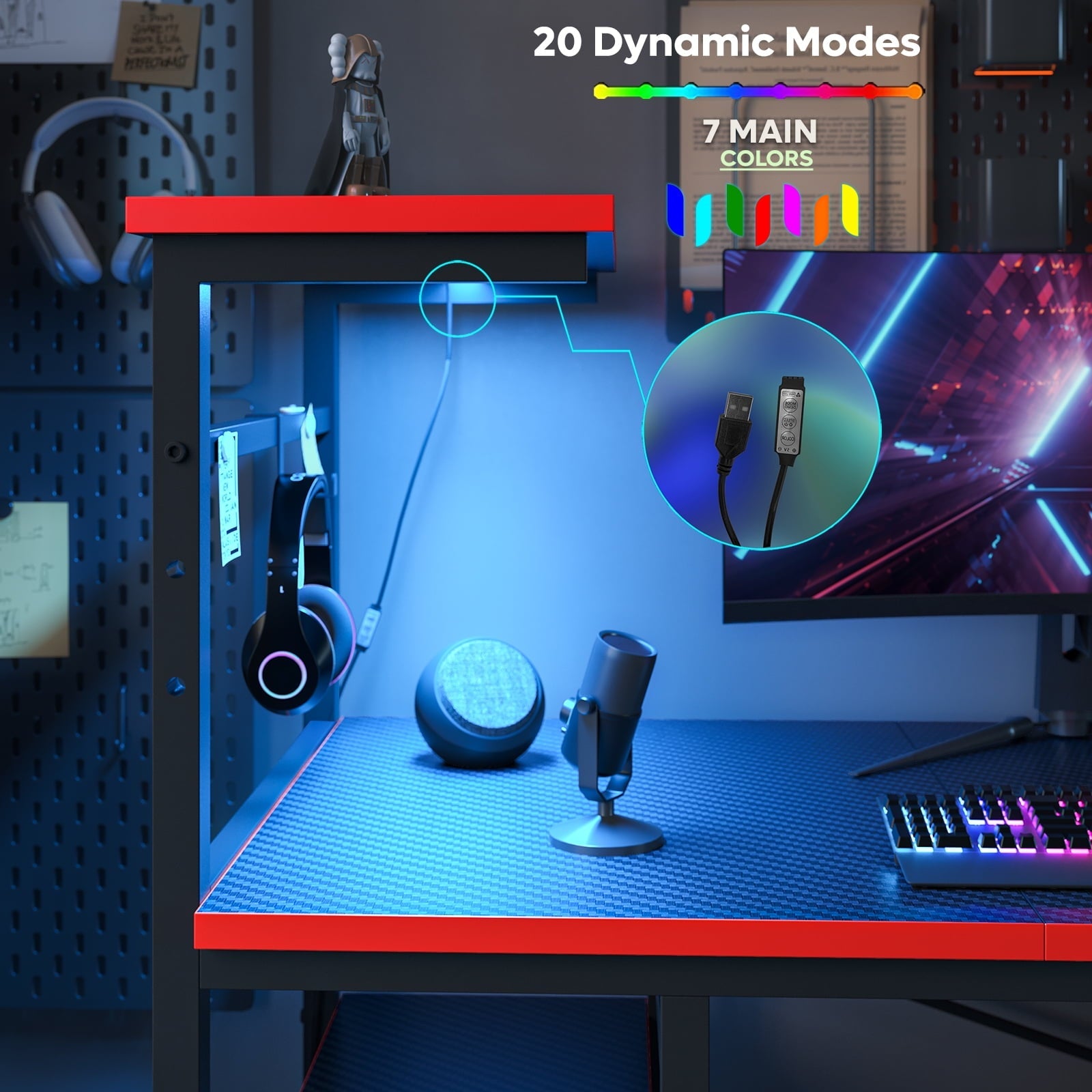 Bestier Reversible 63 inch Gaming Desk Computer Desk with LED Lights 4 Tier Shelves Carbon Fiber