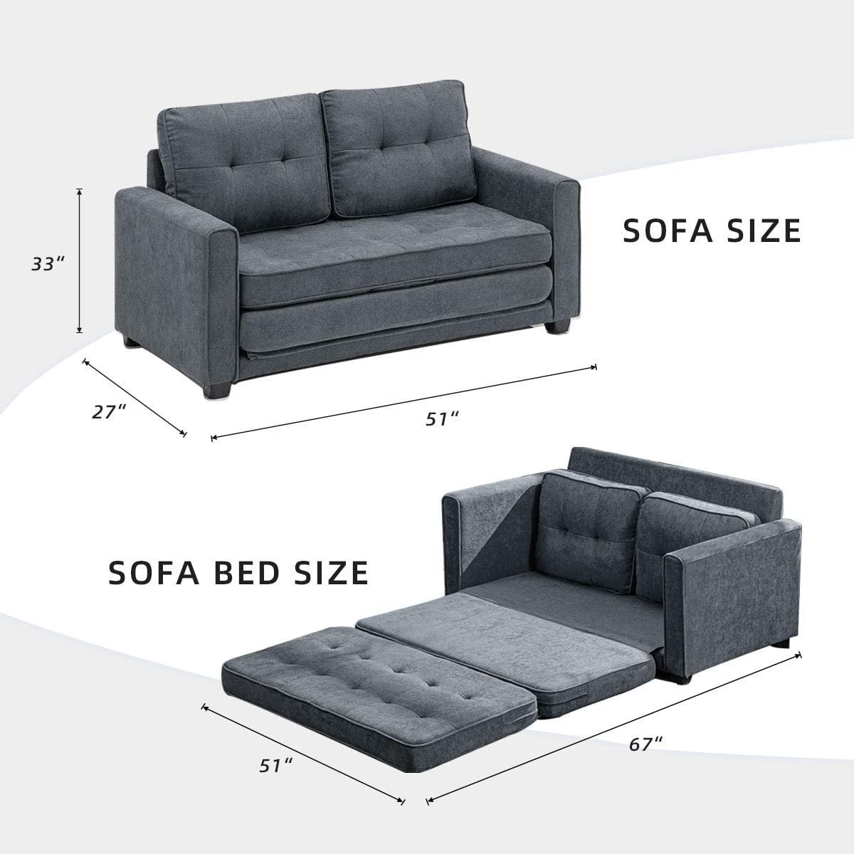 Erommy Modern Sofa Bed Upholstered Fabric Loveseat Sofa Folding Gary