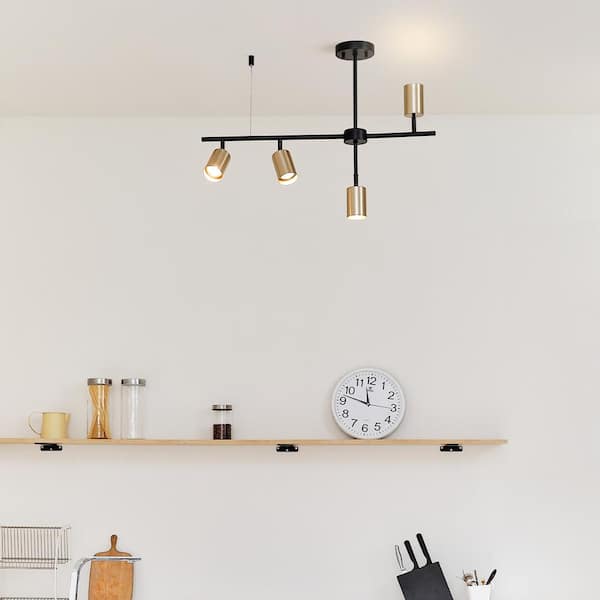 2.3 ft. Matte Black and Brass Adjustable Height Hard Wired Track Lighting Kit with Pivoting Shades, Step Heads