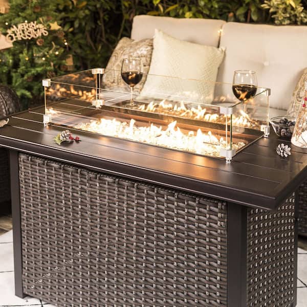 Brown 43 in. 50000 BTU Rectangular Aluminum Propane Outdoor Fire Pit Table with Glass Wind Guard Lid Fire Glass Beads
