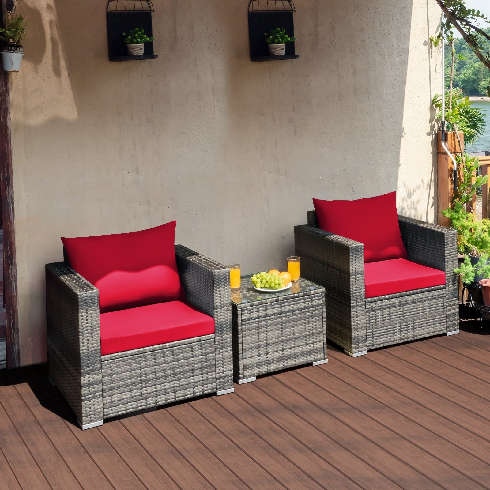 Patiojoy 3-Piece Patio Wicker Conversation Set Bistro Rattan Sofa Chair with Washable Cushion Mix Gray & Red