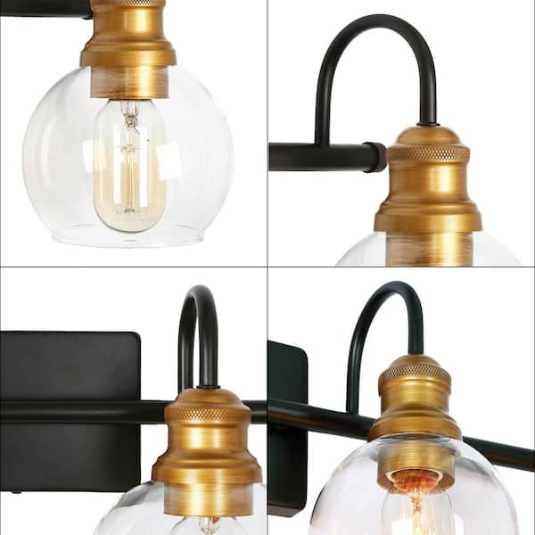 Modern Black Wall Light 29.5 in. 4-Light Bronze and Antique Gold Bathroom Brass Vanity Light with Globe Glass Shades