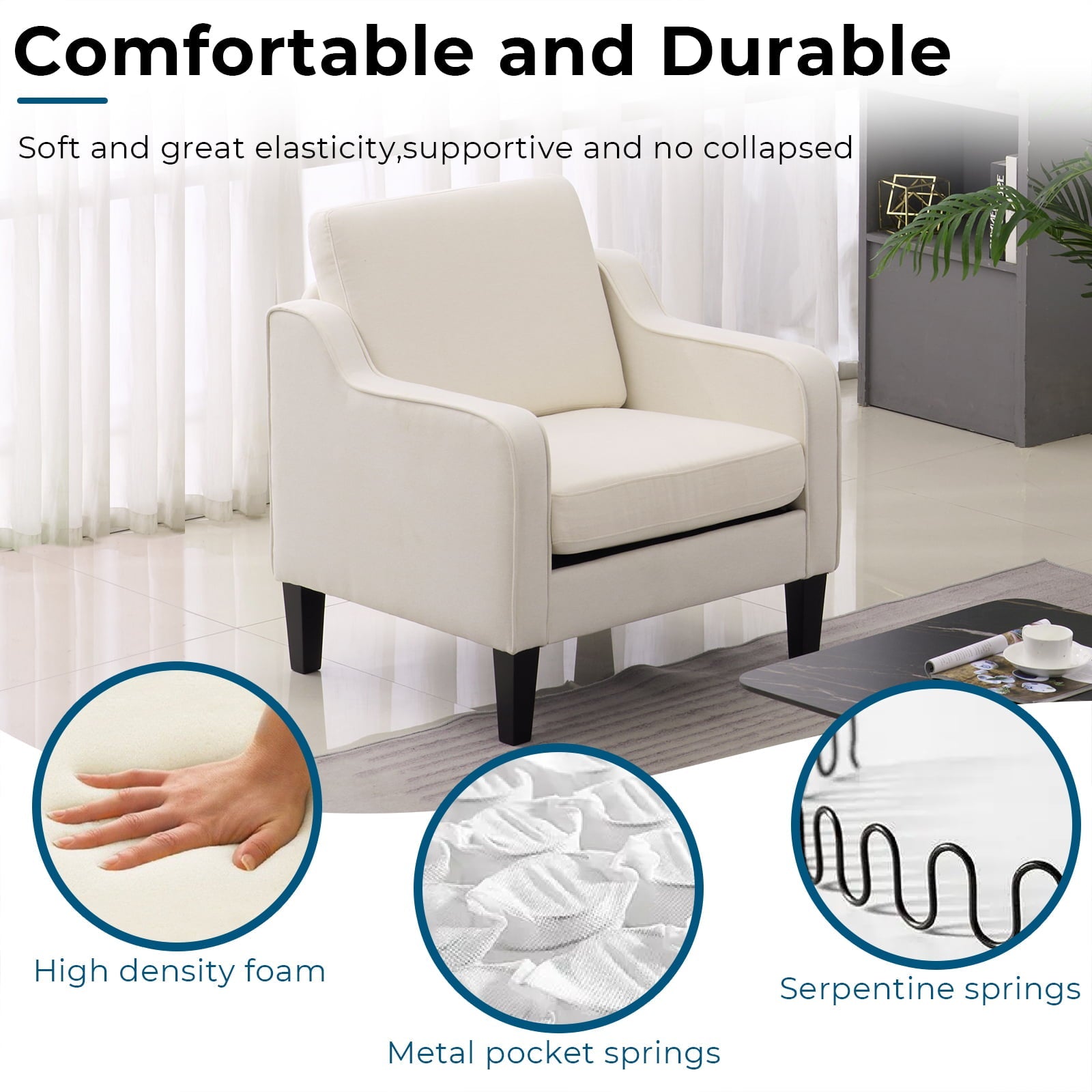 VINGLI Mid-century Modern Accent Chair,Beige Fabric Accent Chair for Living Room Upholstered Armchair with Scooped Arms for Bedroom,Apartment,Studio,Office,Waiting Room