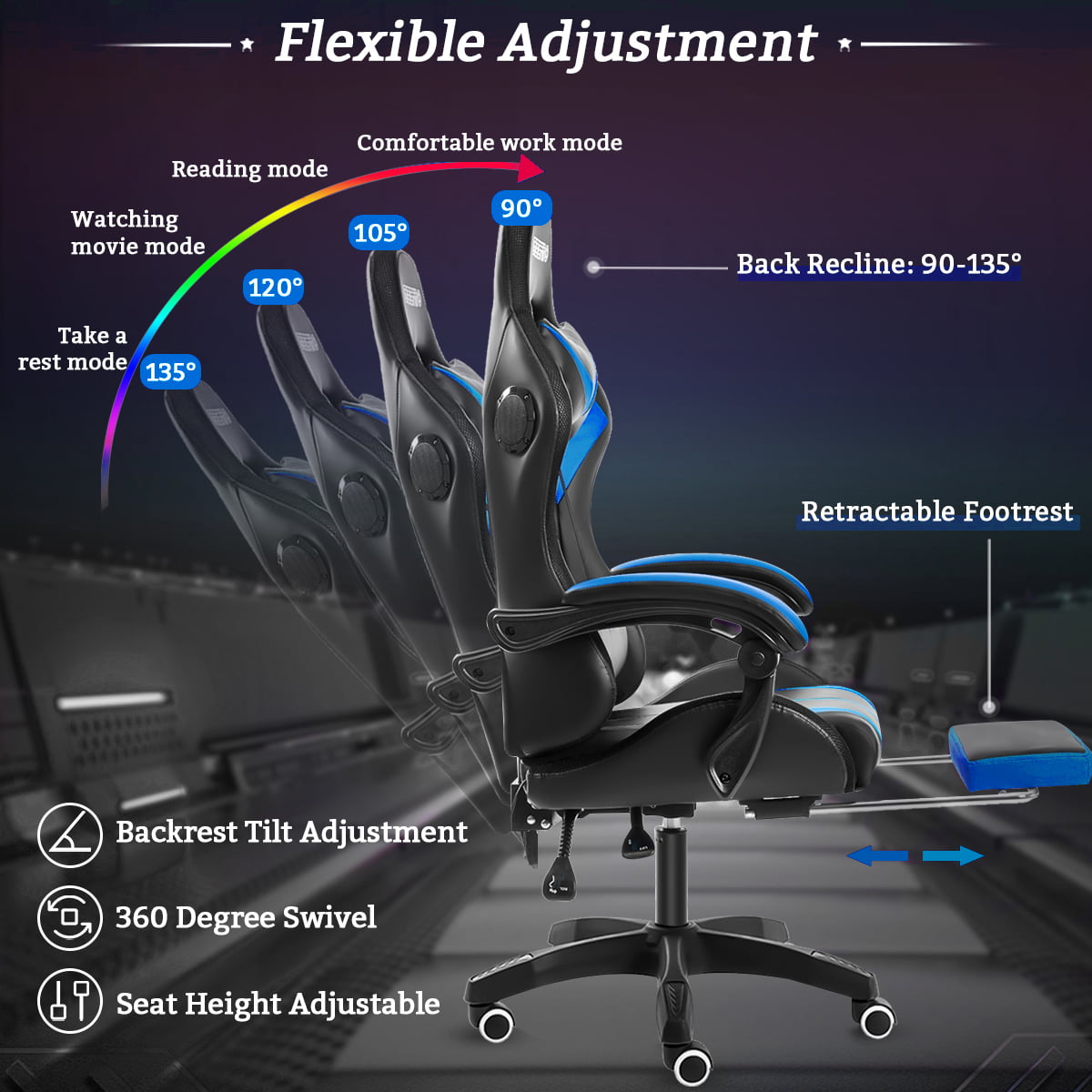Hoffree Message Gaming Chair with RGB LED Lights, Racing Style Recliner Swivel Video Game Chair with Speakers, Adjustable Ergonomic High Back Computer Chair with Headrest & Lumbar Support