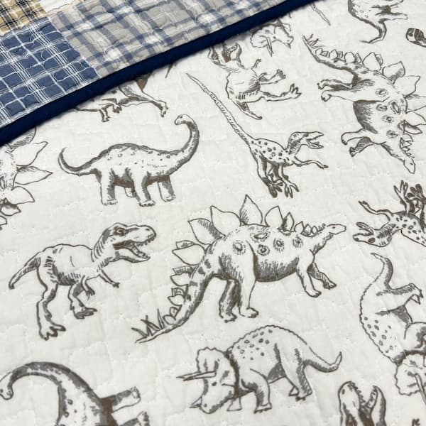 Plaid Tartan Boxers Dinosaur 3-Piece Navy Blue Tan Khaki Cotton King Quilt Bedding Set