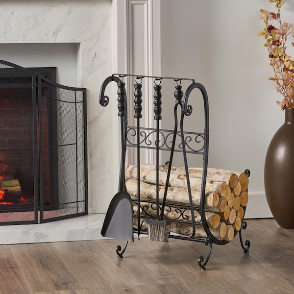 Solis 5-Piece Fireplace Tool Set with Log Rack