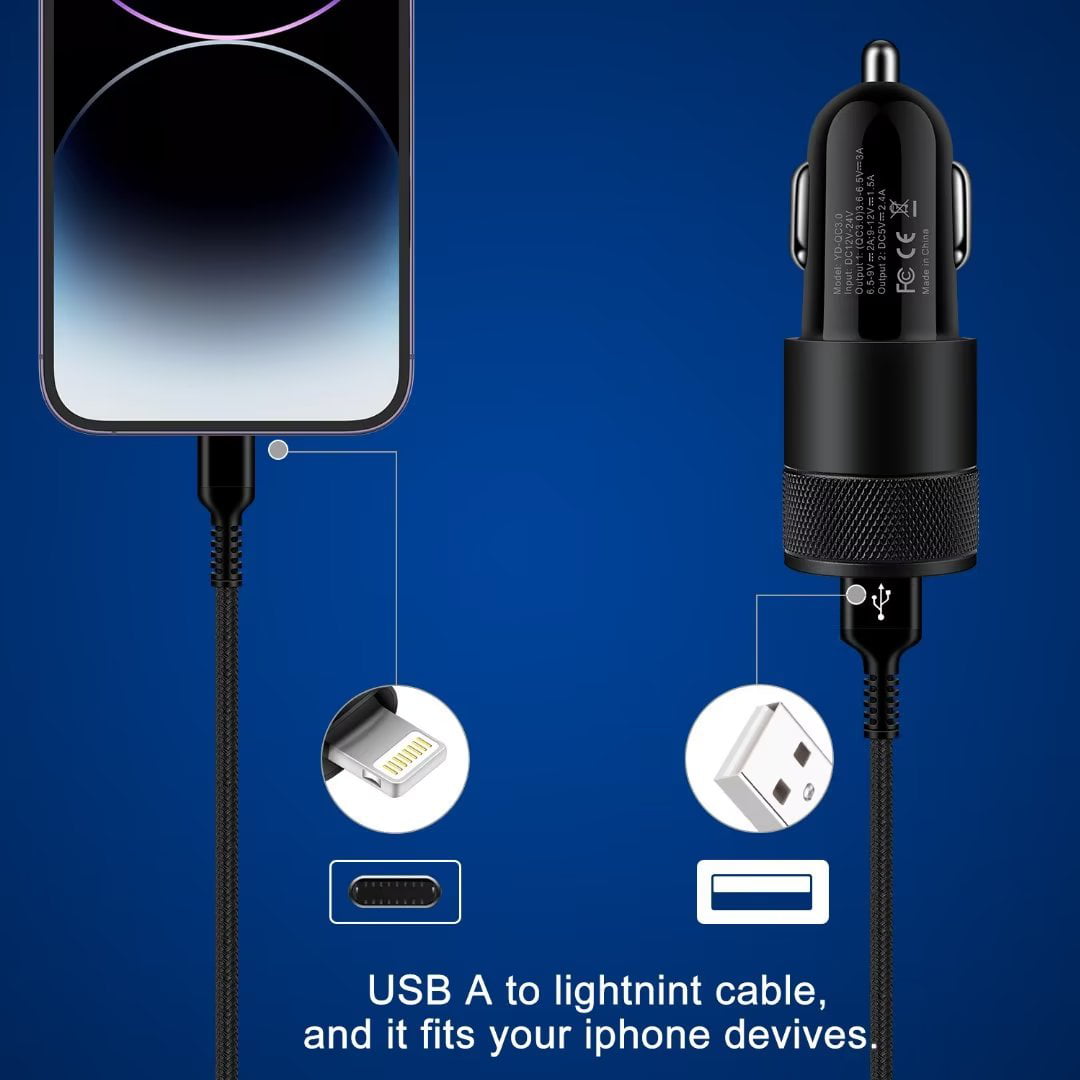 iPhone Car Charger,AILKIN USB Car Charger,Dual USB Lightning Car Charger Adapter Car Socket Cigarette Lighter QC3.0/2.4A iPhone Car Charger with 2PCS Lightning Cable 6ft（Black)
