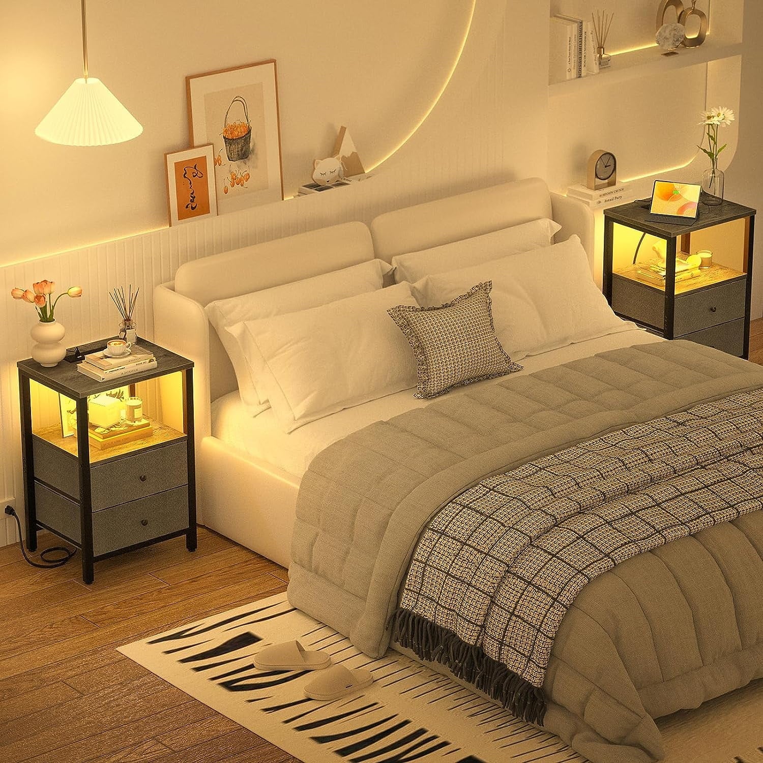 Nightstand With Charging Station And LED Lights, Night Stand With 2 Drawers, 25.6'' End Table Bedside Tables With Storage, 3 Tier Tall Night Stand With Storage For Bedroom Living Room, Grey