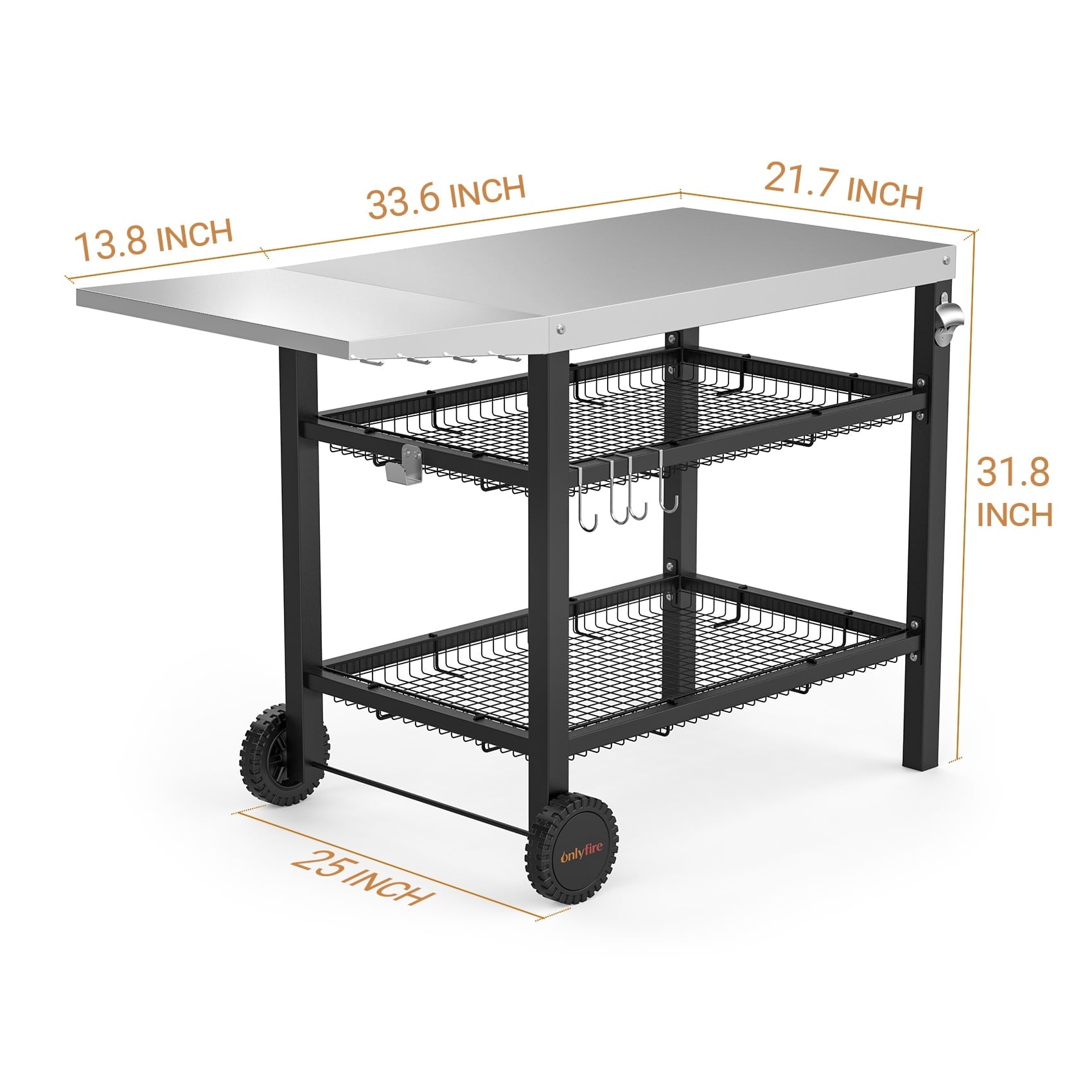 Only Fire 3-Tier Movable Dining Cart Table, Multifunctional Prep Table Grill Station Outdoor