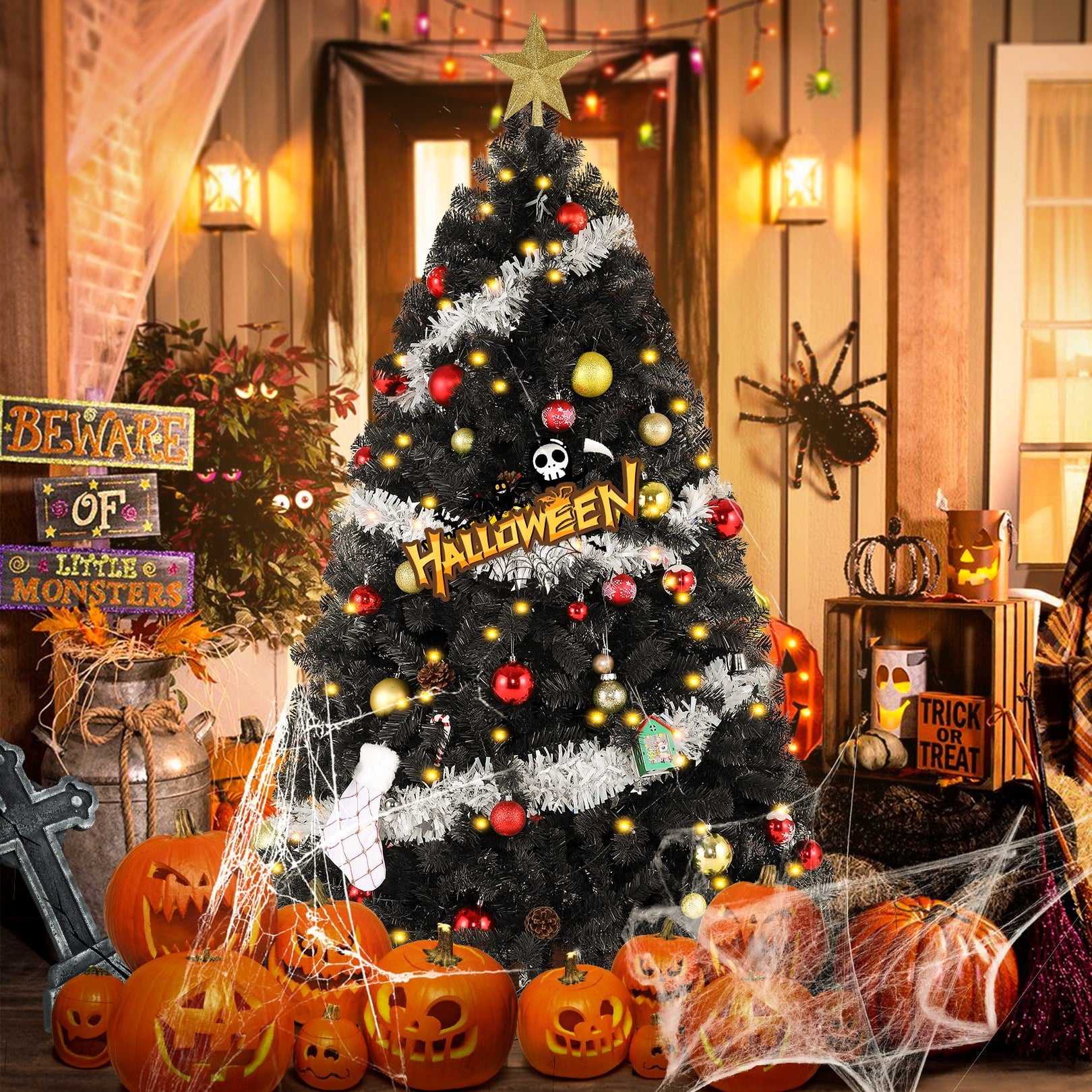 Funcid 6ft Hinged Artificial Black Halloween Tree, Artificial Christmas Tree w/ 1,477 Branch Tips, Foldable Metal, 100% New PVC Material, for Indoor and Outdoor Halloween Decorations