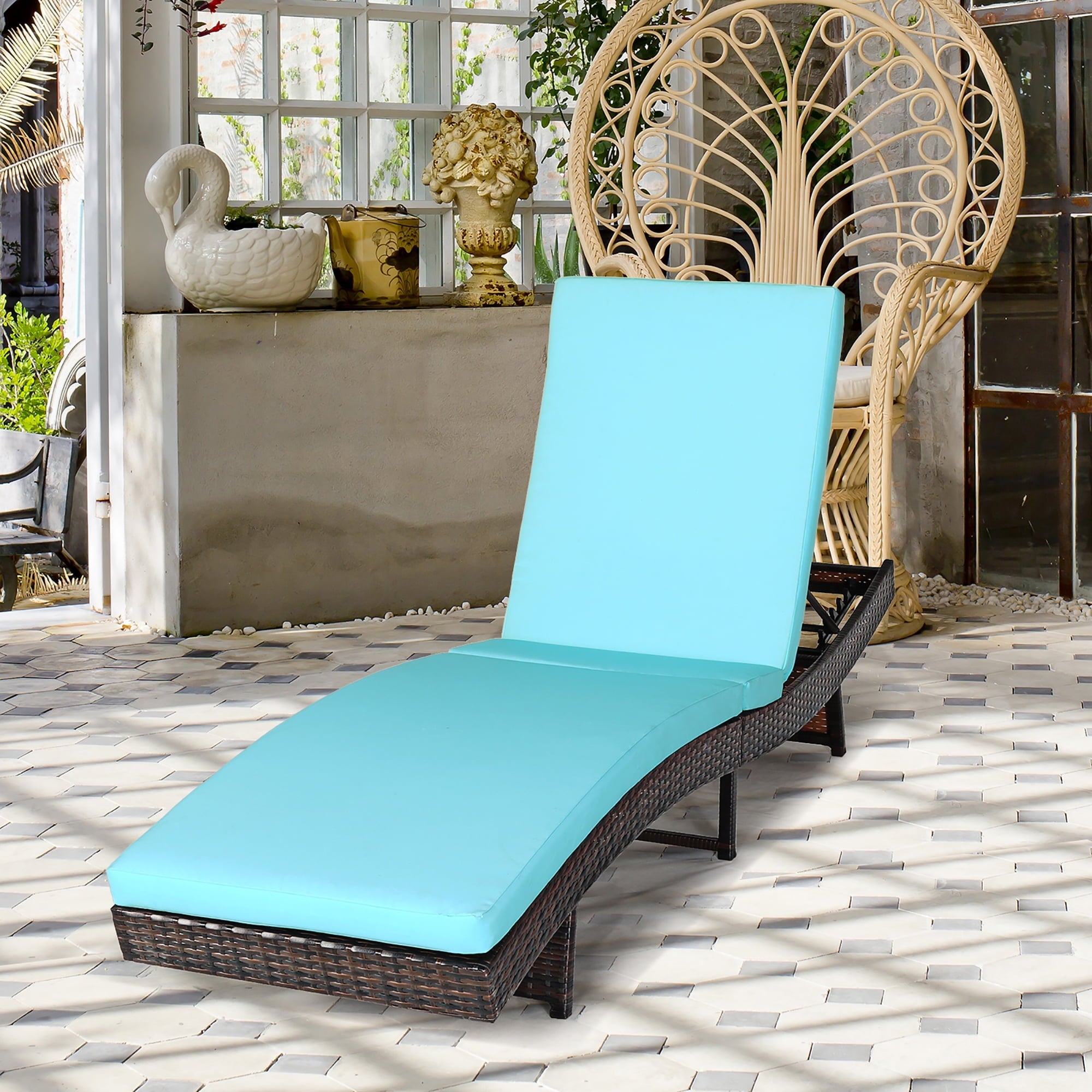 Costway Patio Rattan Folding Lounge Chair Chaise Adjustable W/Turquoise Cushion