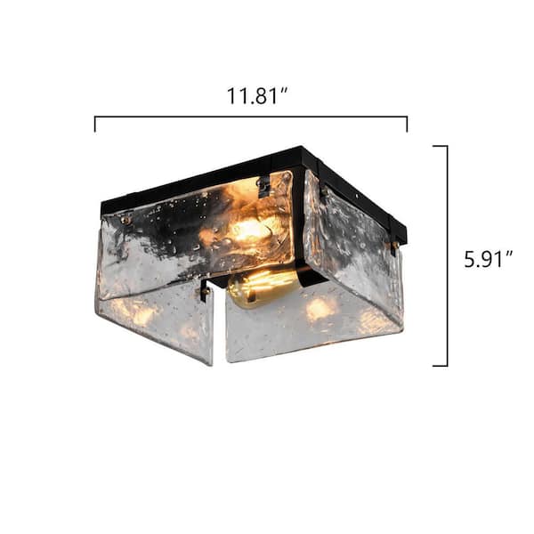 Raleigh 2-Light 11.81 in. Black Flush Mount with Water Glass Shade