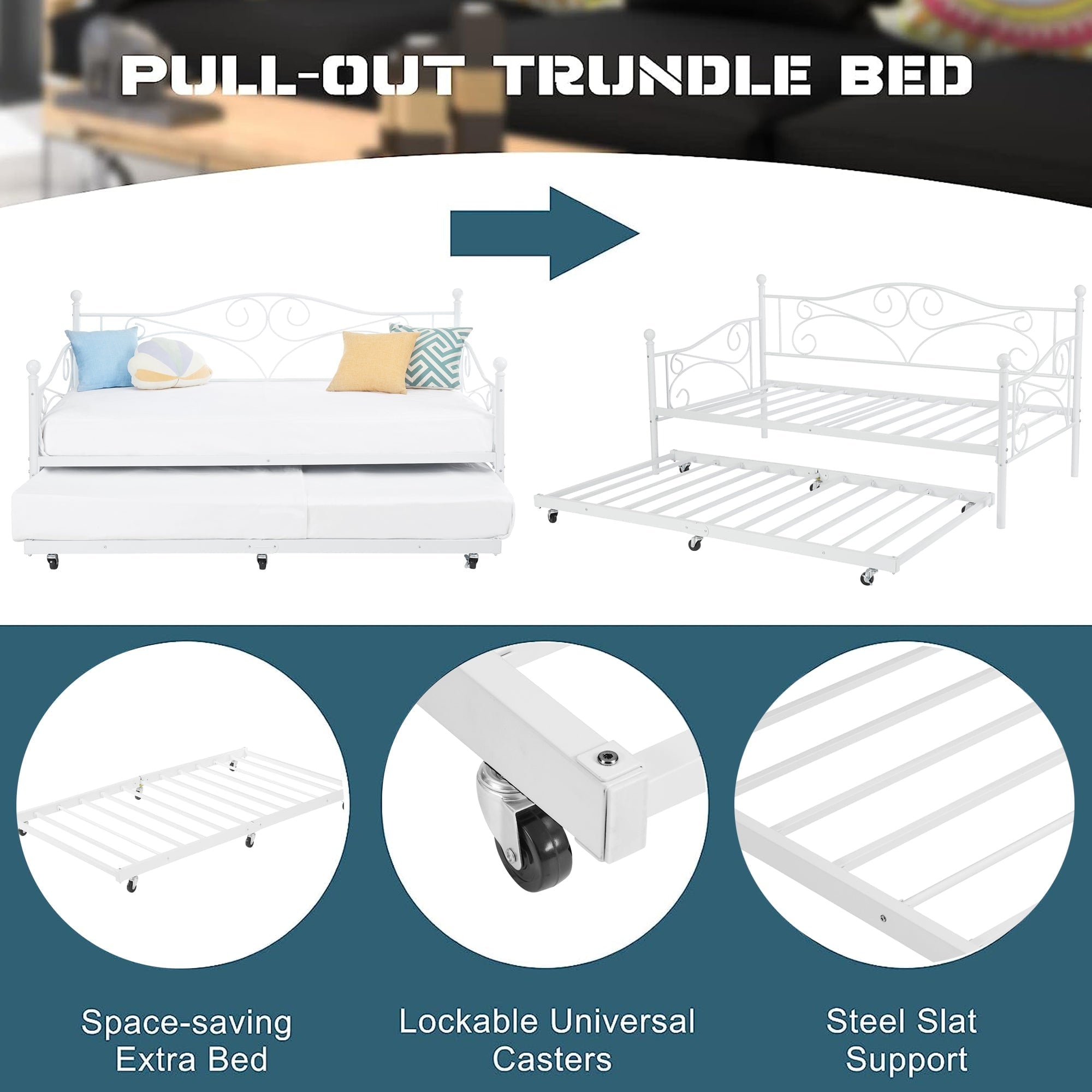 VECELO Twin Metal Daybed Frame with Trundle, Mattress Foundation Sofa Bed Platfrom with Headboard, No Box Spring Needed, White