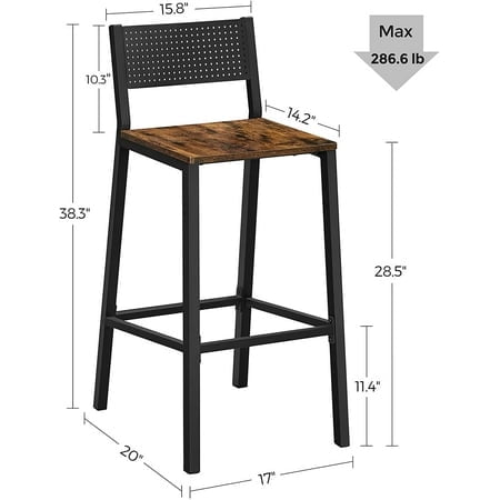 VASAGLE Bar Stools Set of 2 Bar Chairs Tall Bar Stools with Backrest Industrial in Party Room Rustic Brown and Black