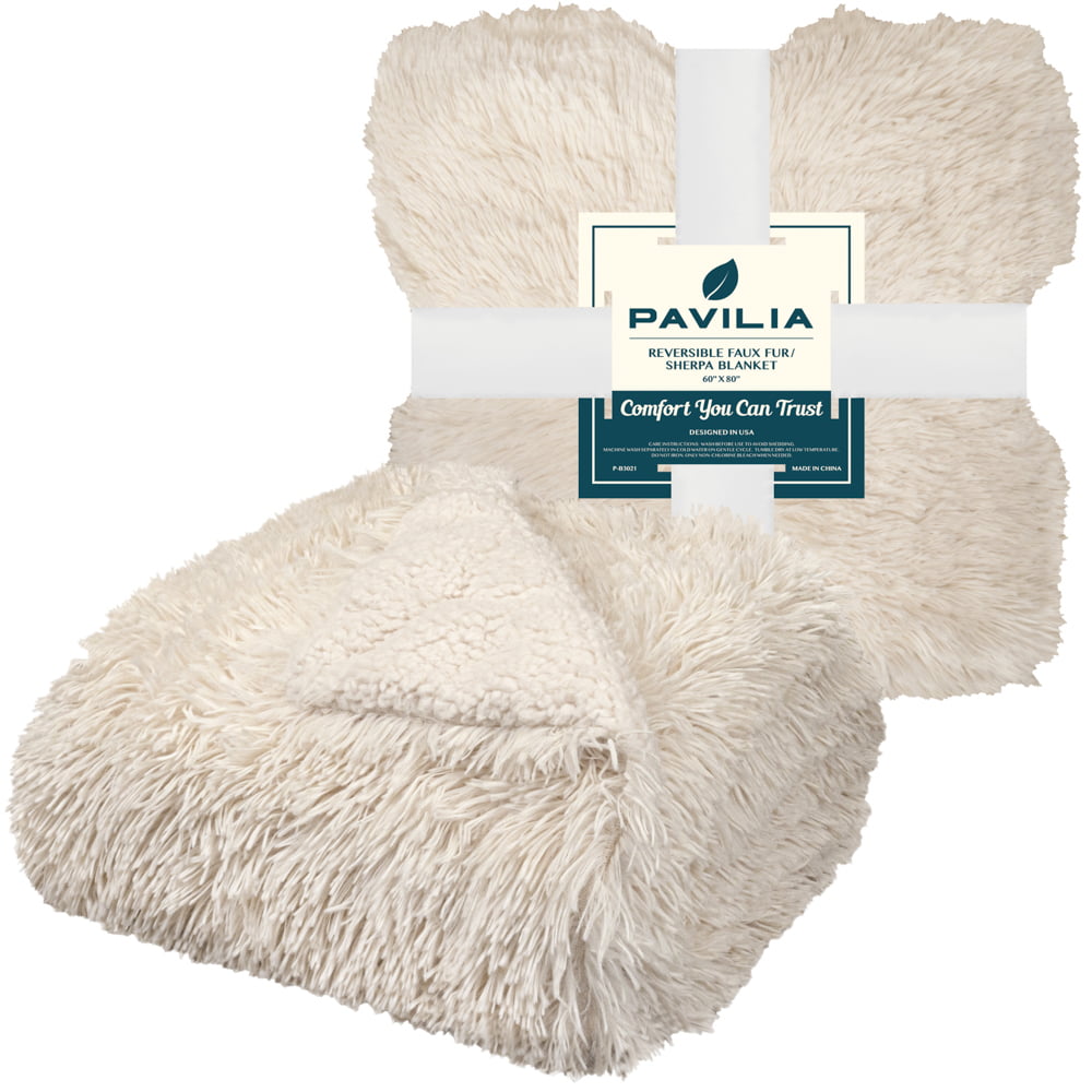 PAVILIA Soft Fluffy Faux Fur Bed Blanket, King, Cream Beige, Shaggy Furry Warm Sherpa Blanket Fleece Throw for Sofa, Couch, Decorative Fuzzy Plush Comfy Thick Throw Blanket, 90x108
