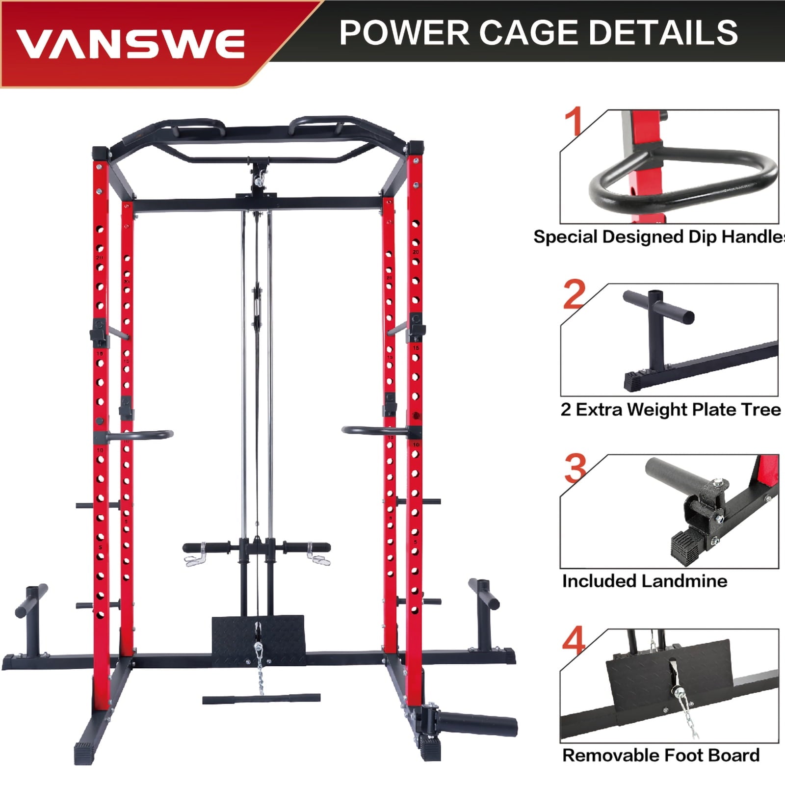 Vanswe Power Cage with LAT Pulldown Attachment,  1000-Pound Power Rack Home Gym