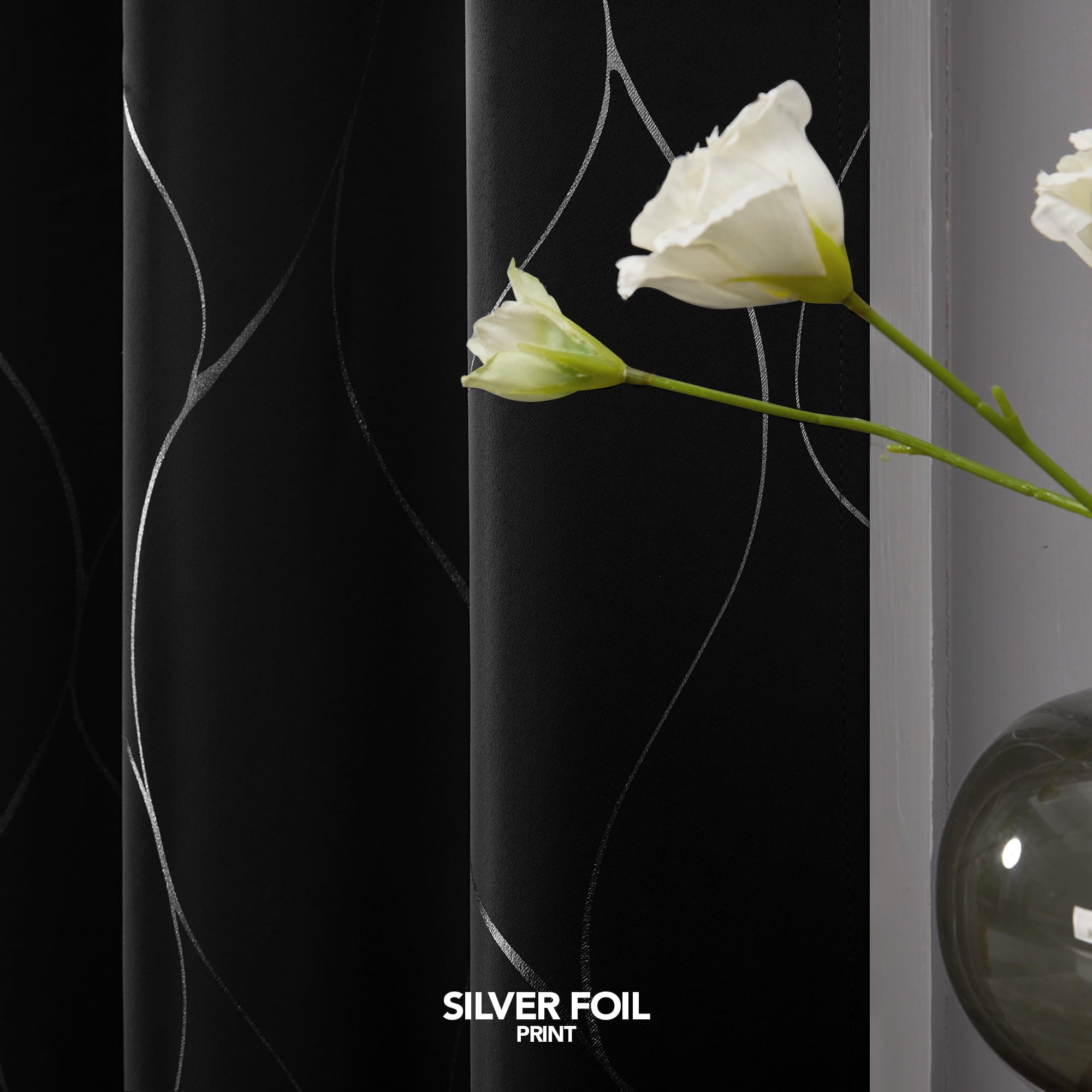 Deconovo Silver Wave Foil Print Blackout Curtains Grommet Light Blocking Room Darkening Curtain Noise Reducing Window Draperies for Living Room 52W x 84L inch Set of 2 Panels Black