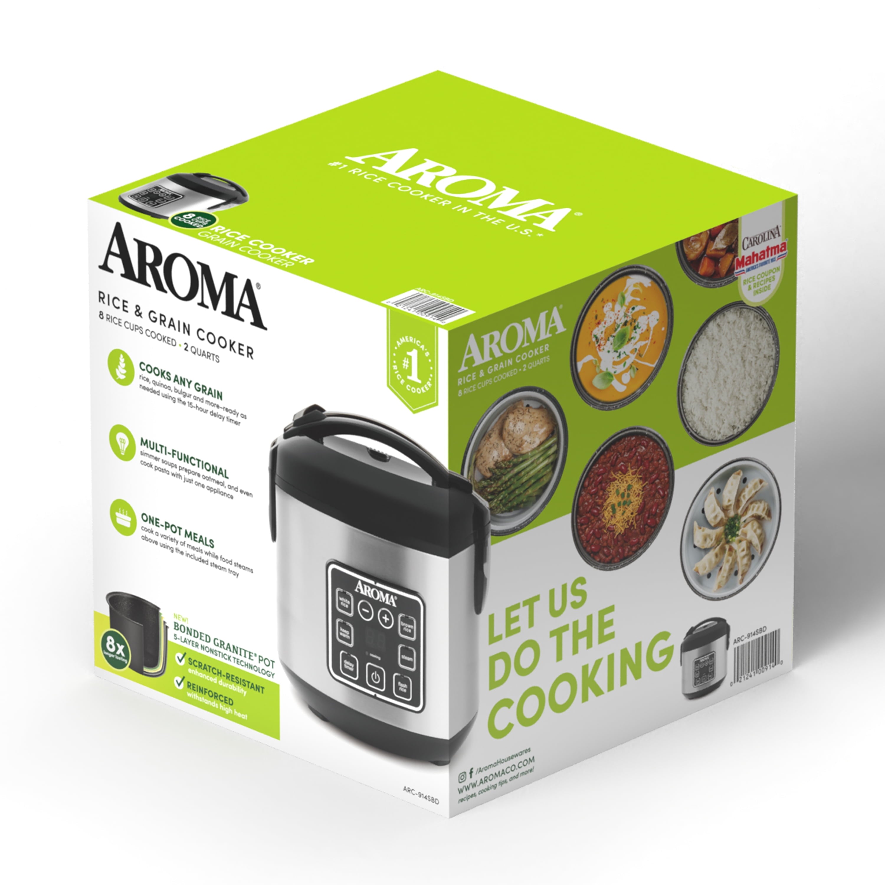 Aroma 8-Cup (Cooked) Rice & Grain Cooker, Steamer, New Bonded Granited Coating