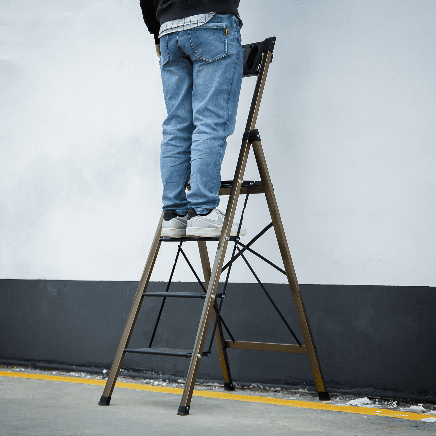 MoNiBloom 4 Step Ladder Folding Stool Heavy Duty 331Lbs Capacity Industrial Lightweight, Black/Gold