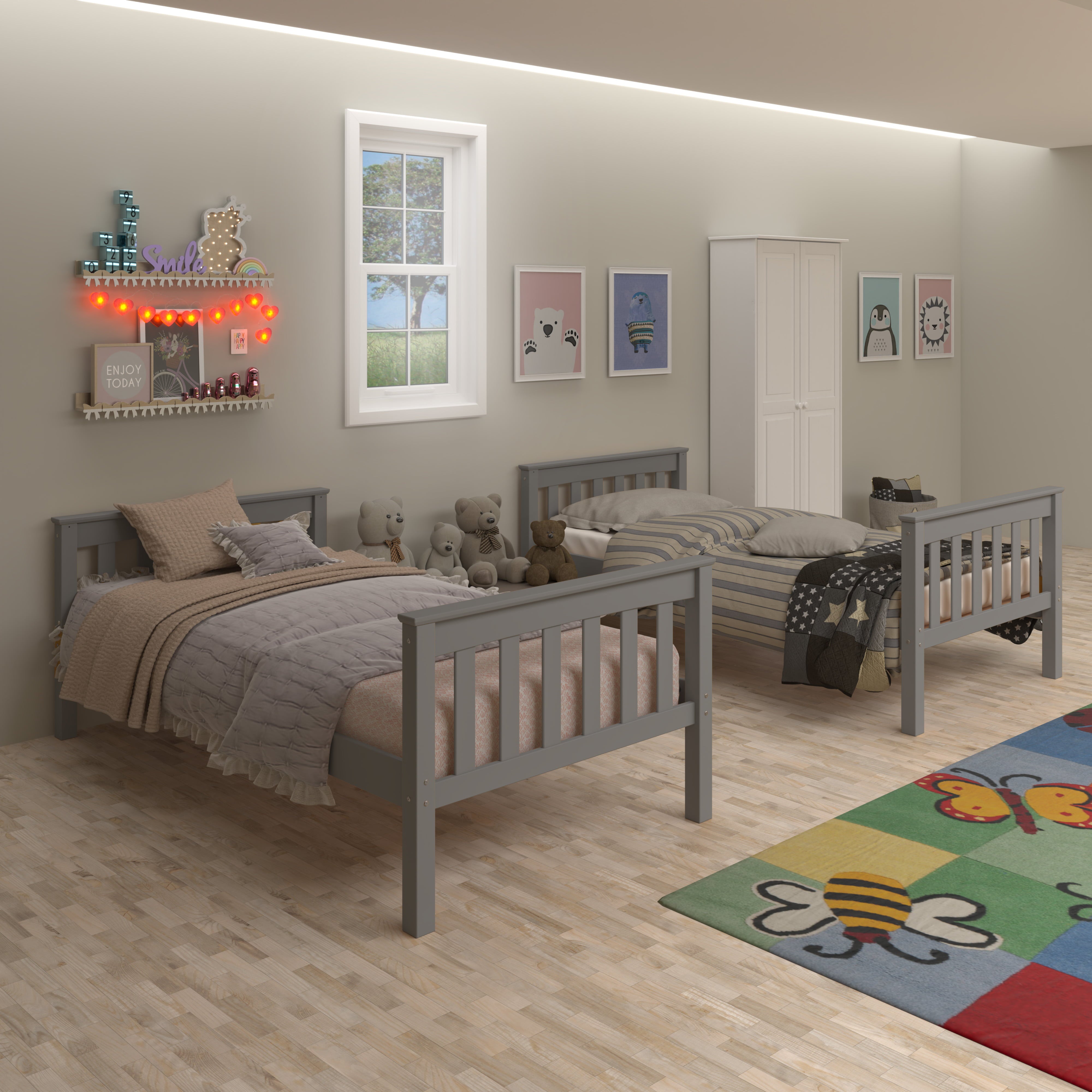 Solid Wood Sturdy Twin Over Twin Bunkbed with Ladder and Safety Rail Grey