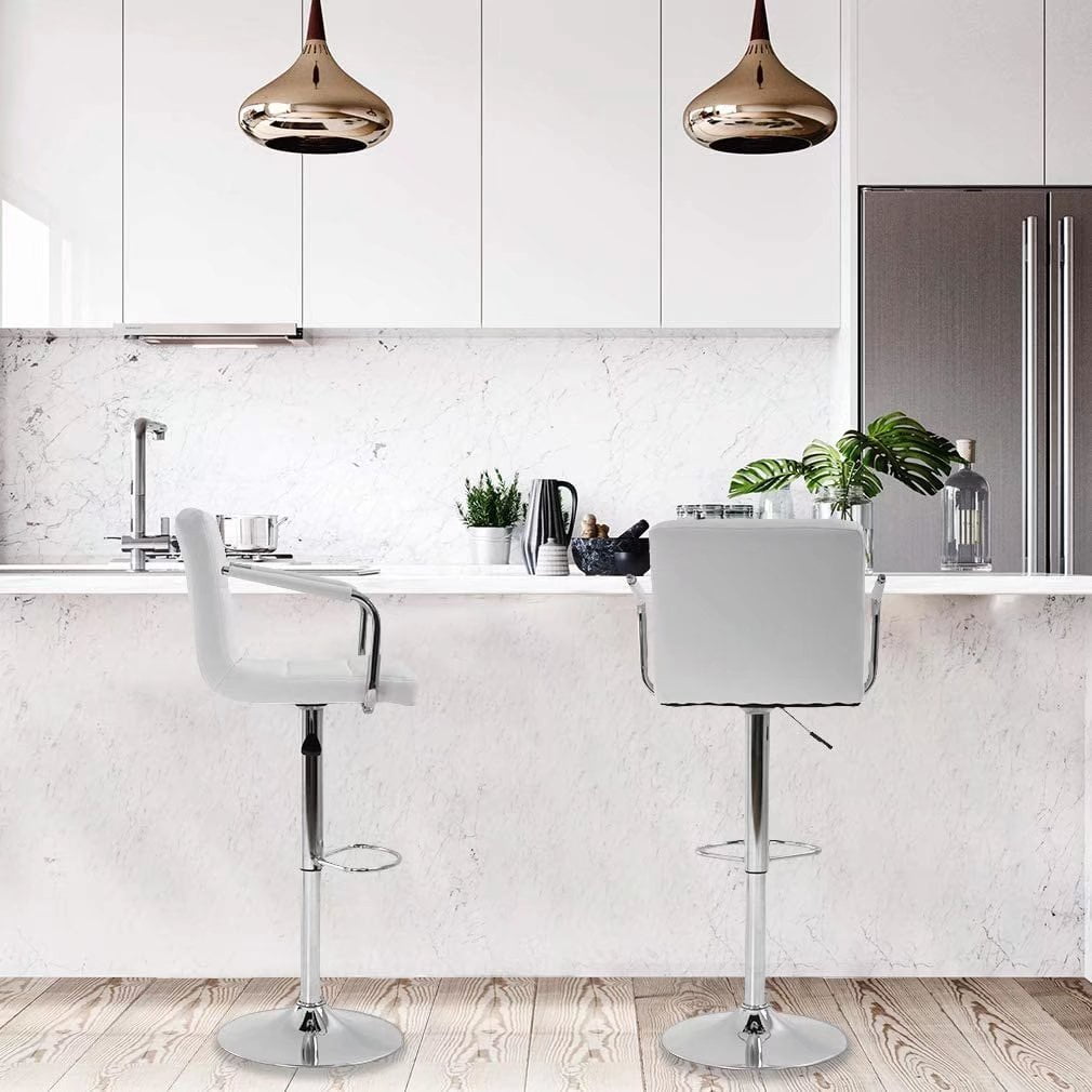 Set of 2 PU Leather Bar Stools Armrest Counter Stools Swivel Square Counter Height Barstools with Armrest Adjustable Hydraulic Bar Chairs with Upholstered Back & Seat, White