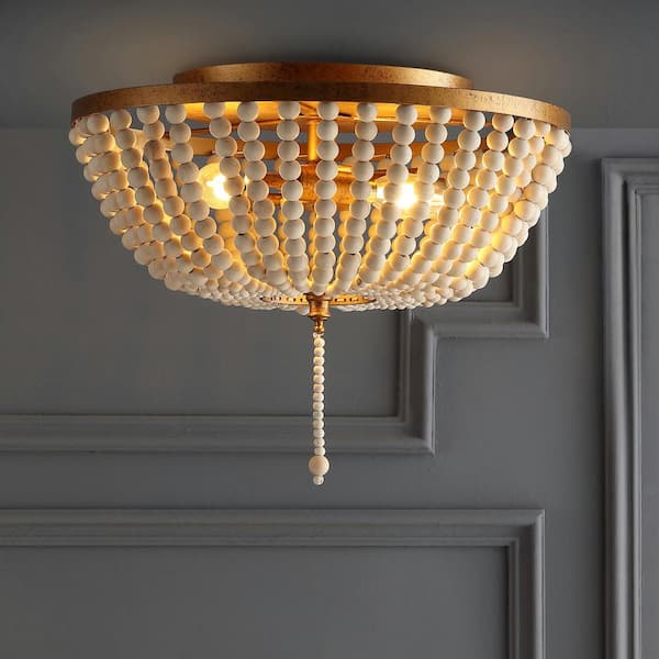 Allison 15 in. Wood Beaded/Metal LED Flush Mount, Antique Gold / Cream