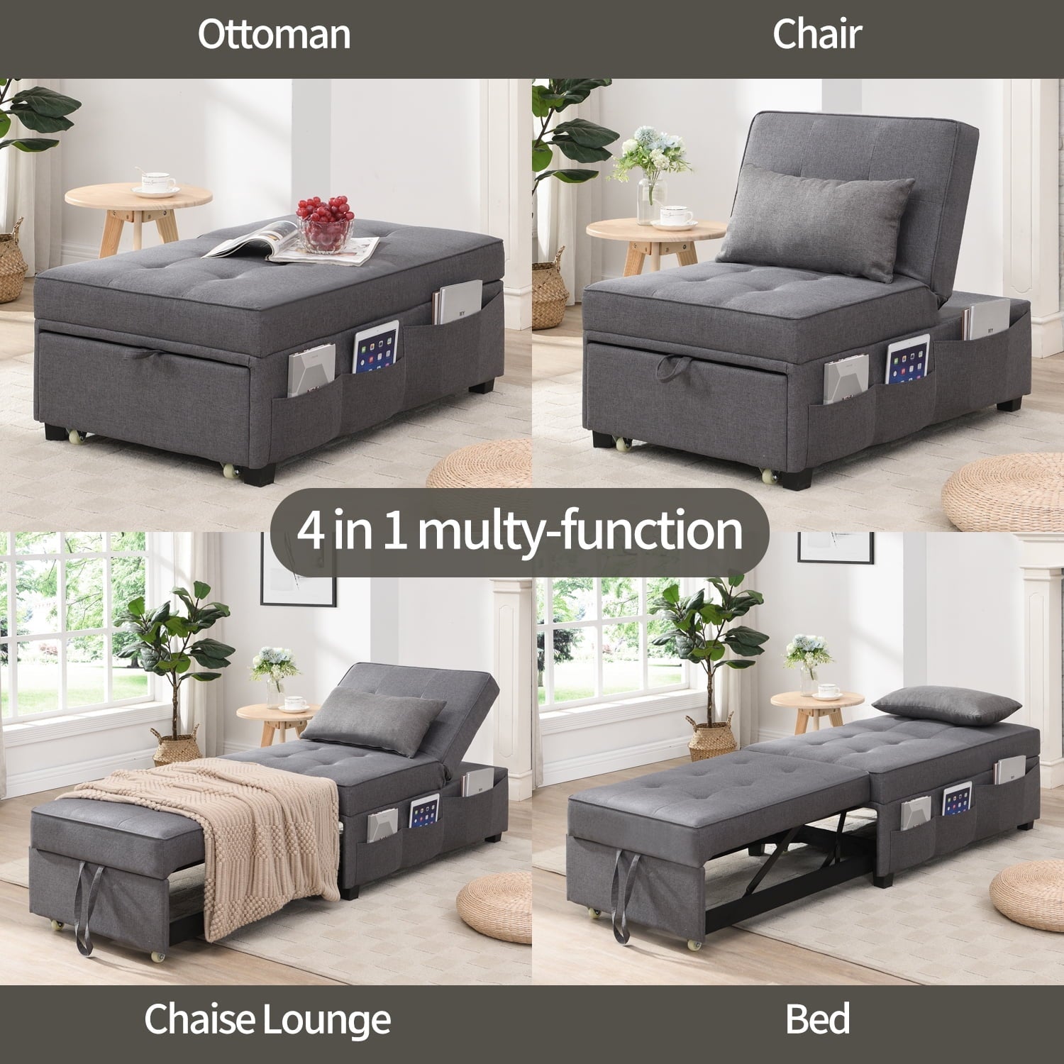 Cynefin Sleeper chair - ottoman bed, chair beds sleeper, 4 in 1 convertible chairs into beds with Lumbar Pillow 3 Side Pockets Linen Fabric Tufted for Living Room Grey