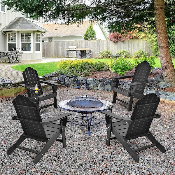 4-piece Black Patio Plastic Adirondack Chair Weather Resistant Garden Deck with Cup Holder