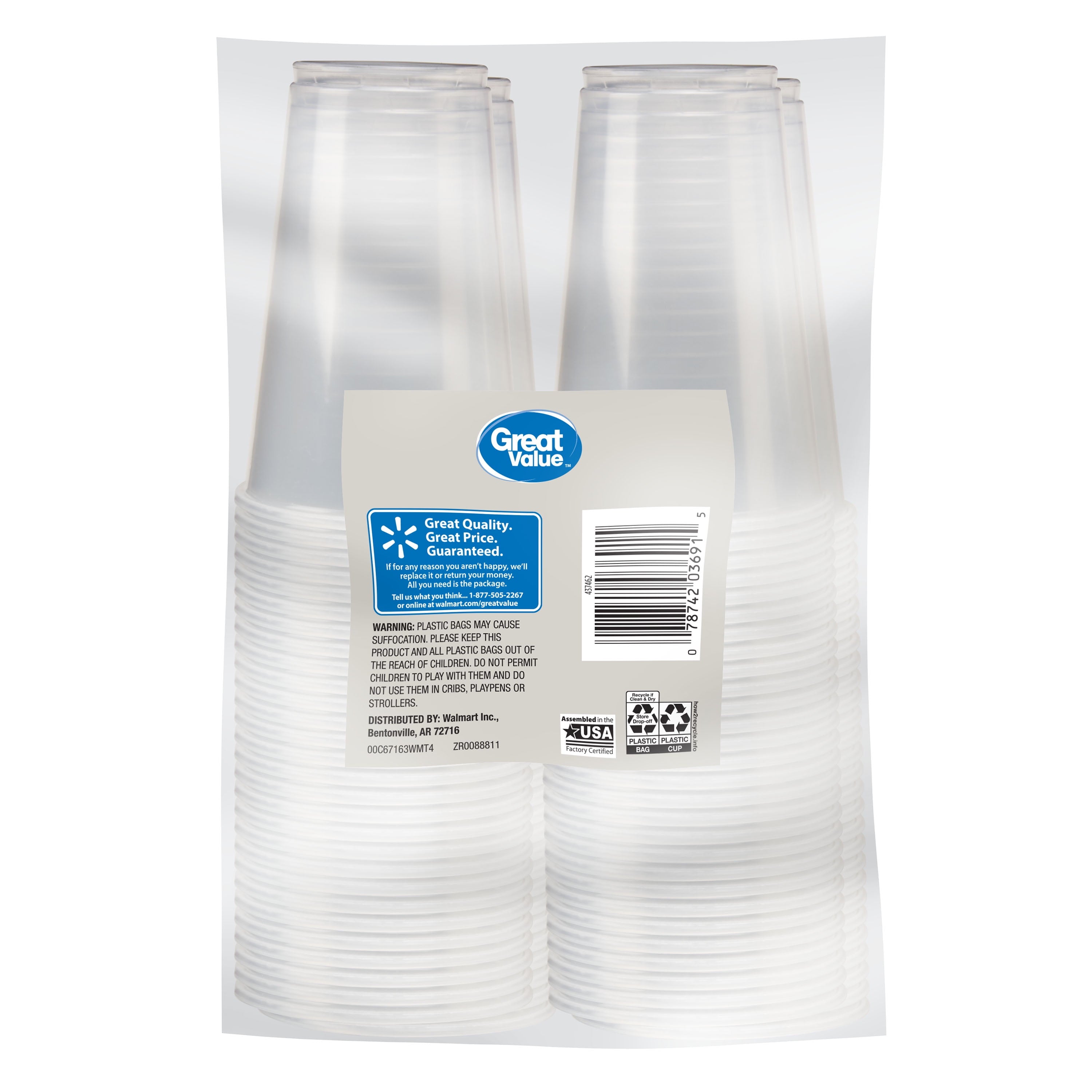 Great Value Everyday Disposable Plastic Cups, Clear, 16 oz, 100 count
