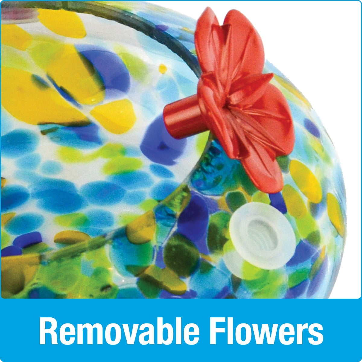 Wild Wings Artisan Glass Solar-Powered Illuminated Top Fill Hummingbird Feeder 16 oz, Blue Spring Rain