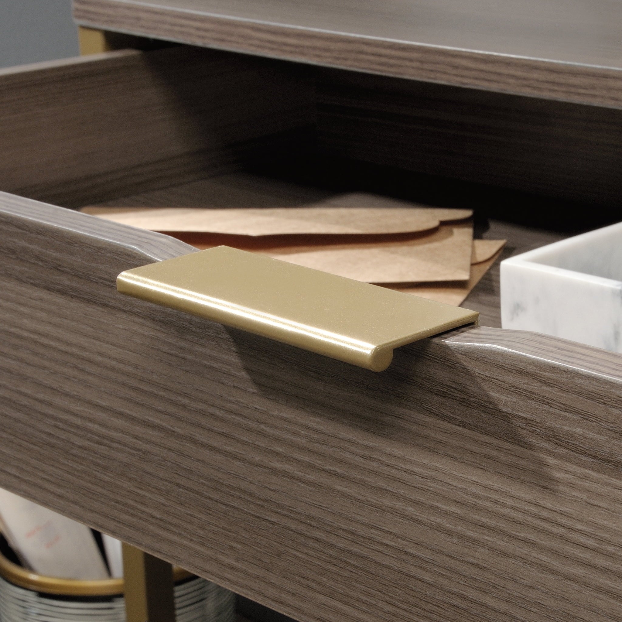 Sauder 426429 International Lux Single Pedestal Desk, Diamond Ash Finish