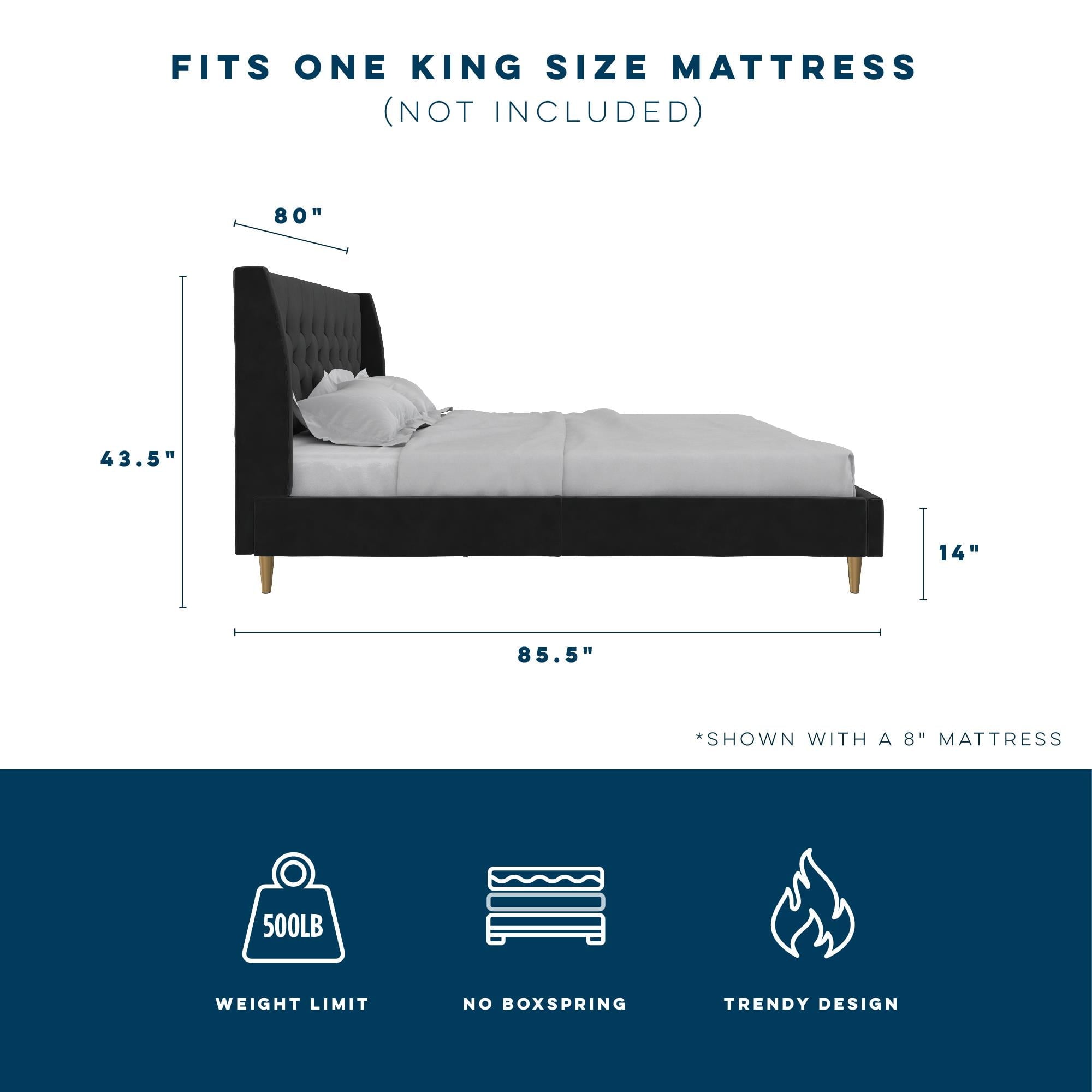 Novogratz Her Majesty Tufted Upholstered Bed Frame, King, Black Velvet