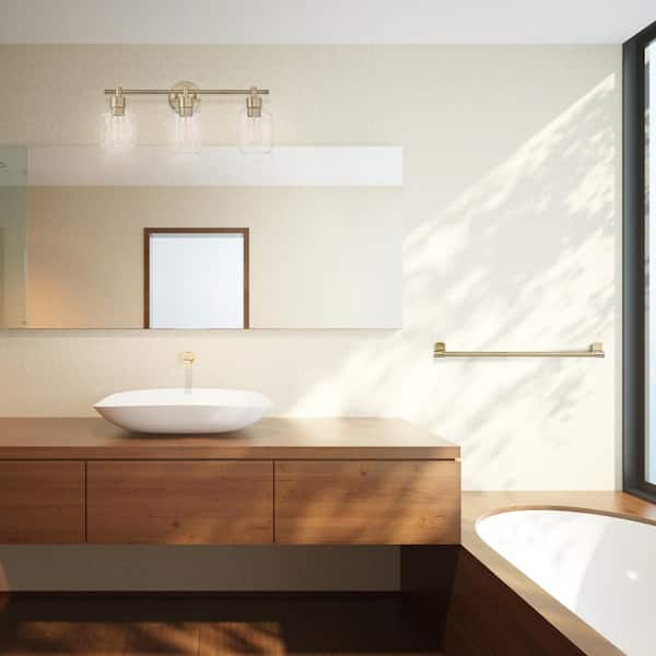 Cannes 24.5 in. 3-Light Brass Vanity Light with Clear Glass Shades and Bath Set (5-Piece)