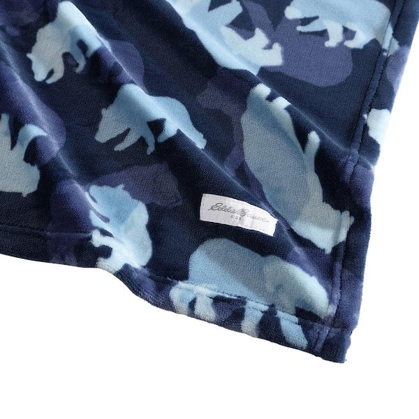 Kids Camp Camo Navy Blue Plush Microfiber Full/Queen Blanket