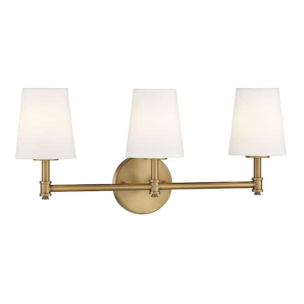 24 in. W x 9.5 in. H 3-Light Natural Brass Bathroom Vanity Light with White Linen Fabric Shades