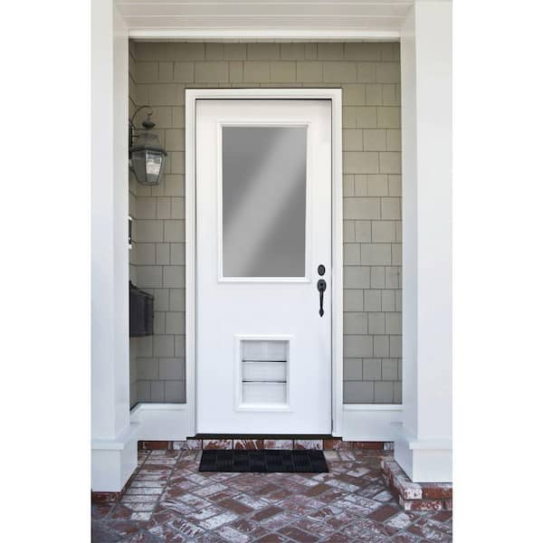 30 in. x 80 in. Element Series Half Lite White Primed Steel Back Door Left Hand Inswing with Large Pet Door