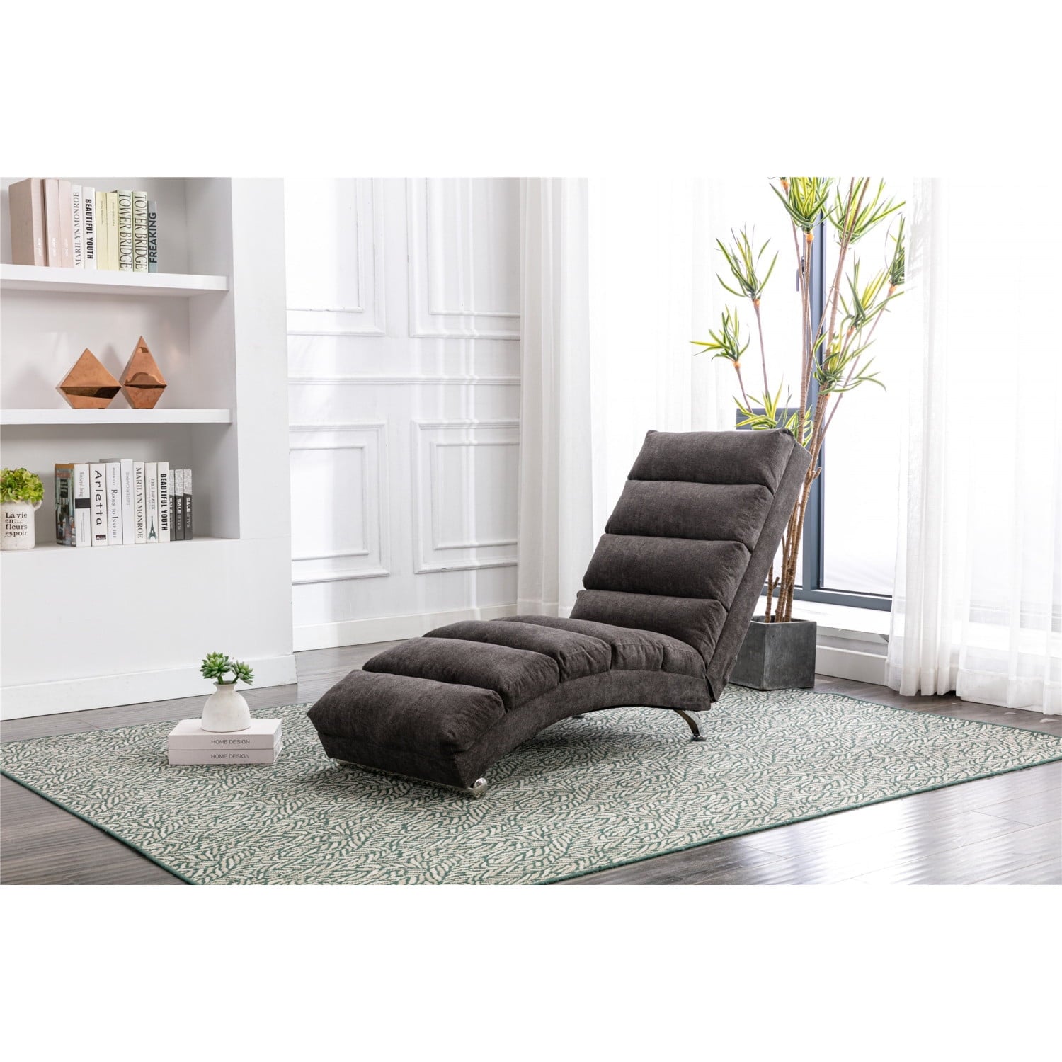 Dark Gray Modern Long Lounger - Linen Chaise Lounge for Living Room or Office, Polyester Upholstery with Foam Filling, Solid Plywood Frame & Chrome-plated Metal Legs, Relaxing and Comfortable Design