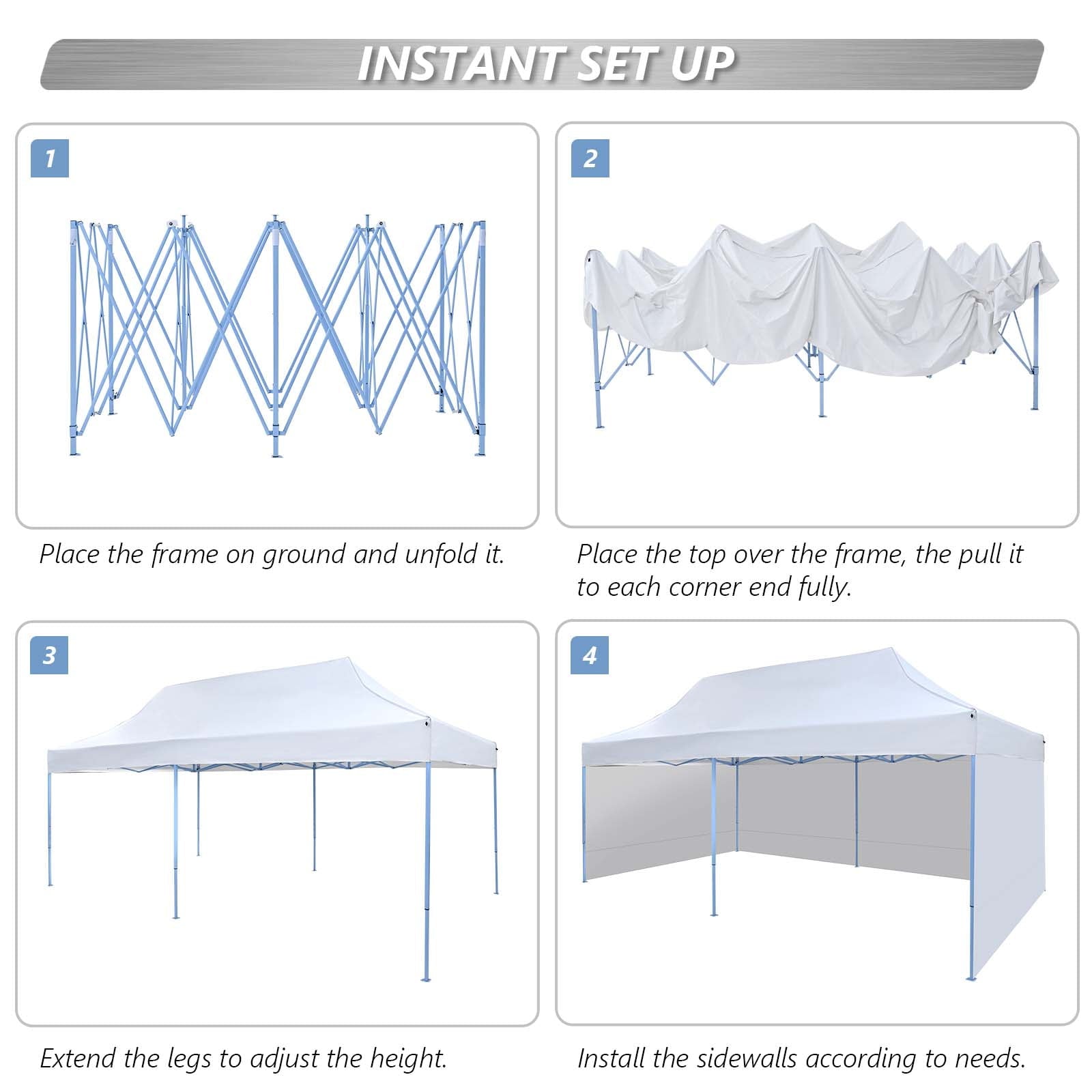 Texinpress 10'x20' Ez Pop Up Commercial Canopy Tent with Sidewalls, White