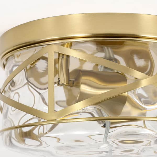 12 in. 2-Light Brass Gold Flush Mount Water Ripple Glass Ceiling Light with Metal Frame