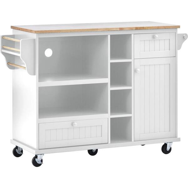 White Rolling Rubber Wood Desktop 51 in. Kitchen Island with Microwave Cabinet