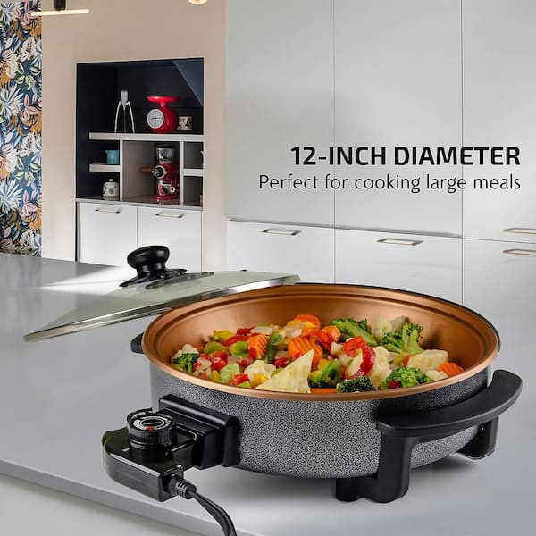 113 Sq. In. Copper Electric Skillet with Nonstick Coating, Frying Pan with Tempered Glass Lid