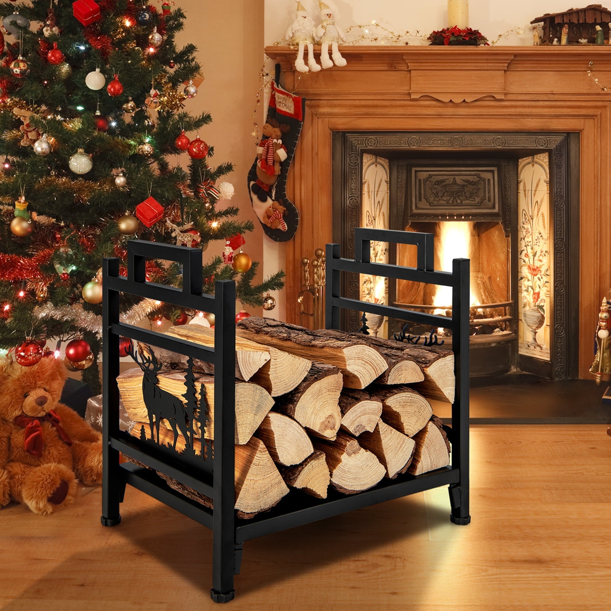 Costway 18.5 Inch Metal Firewood Rack Fireplace Log Holder with Dual Handles Solid Base