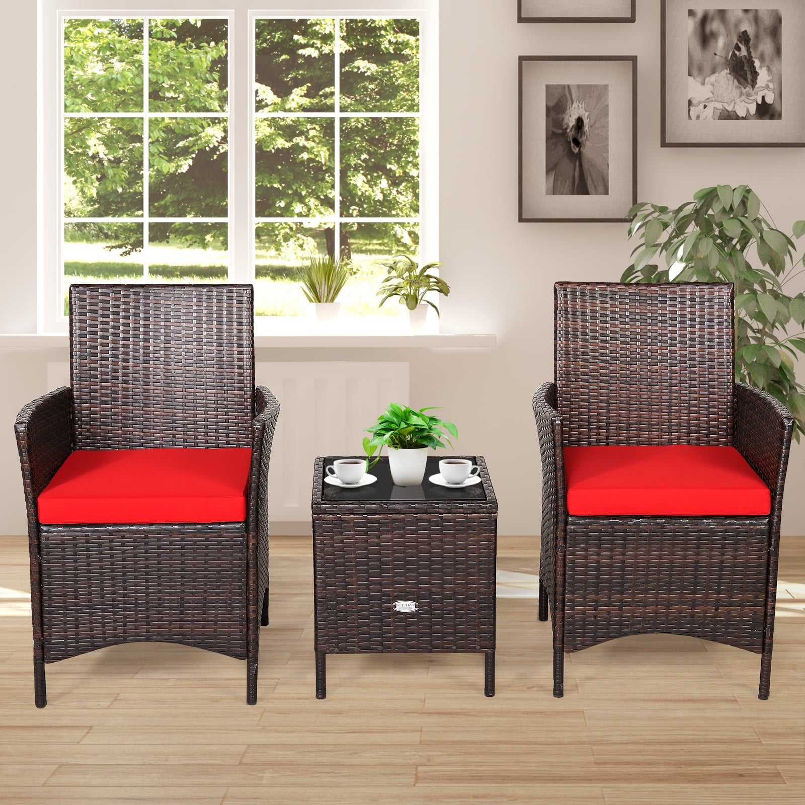 Patiojoy 3 Pieces Patio Rattan Conversation Furniture Wicker Chairs with Coffee Table & Cushions Red