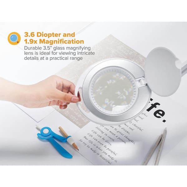 45 in. Magnifying White Desk Lamp with Clamp Mount, Energy-Efficient LEDs, Dimmable, 4.5-Watt, 480-Lumen