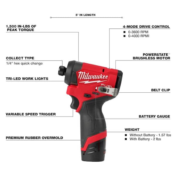 M12 FUEL 12V Lithium-Ion Brushless Cordless 1/4 in. Hex Impact Driver Kit w/Two 2.0Ah Batteries, Charger&Soft Case