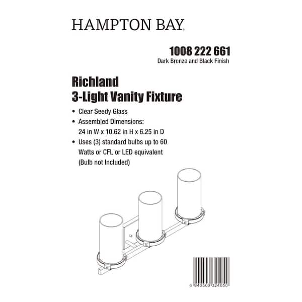 Richland 24 in. W 3-Light Dark Bronze Vanity Light Clear Seedy Glass