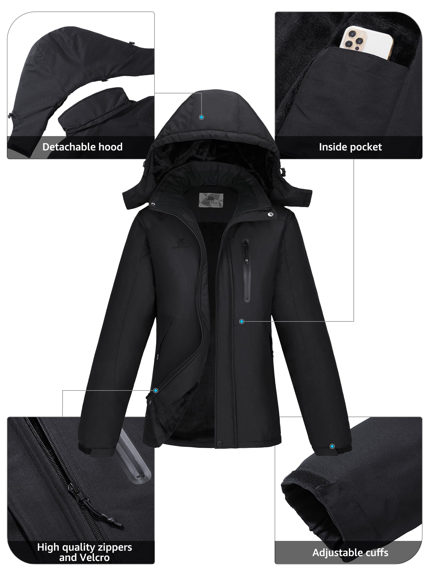 Golden Camel Women's Mountain Snow Ski Jacket Windproof Winter Coat with Hood