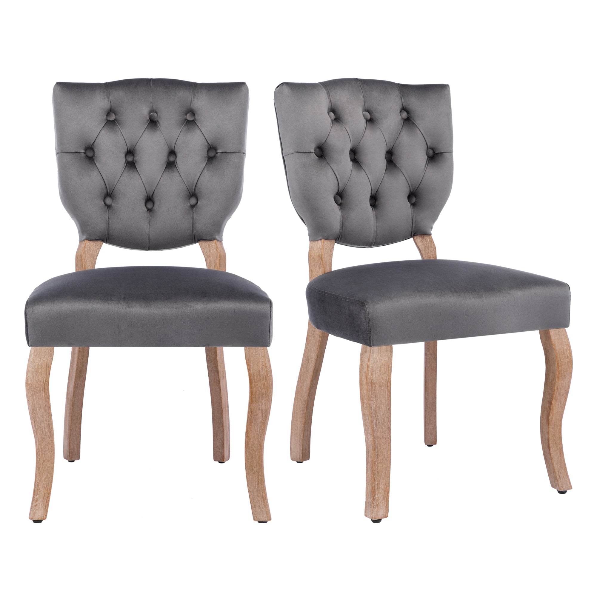 Mid-Century Velvet Dining Chairs, Upholstered Dining Room Chairs with Solid Wood Legs, Button Tufted Dining Chair Set of 2, Black, Dark Gray