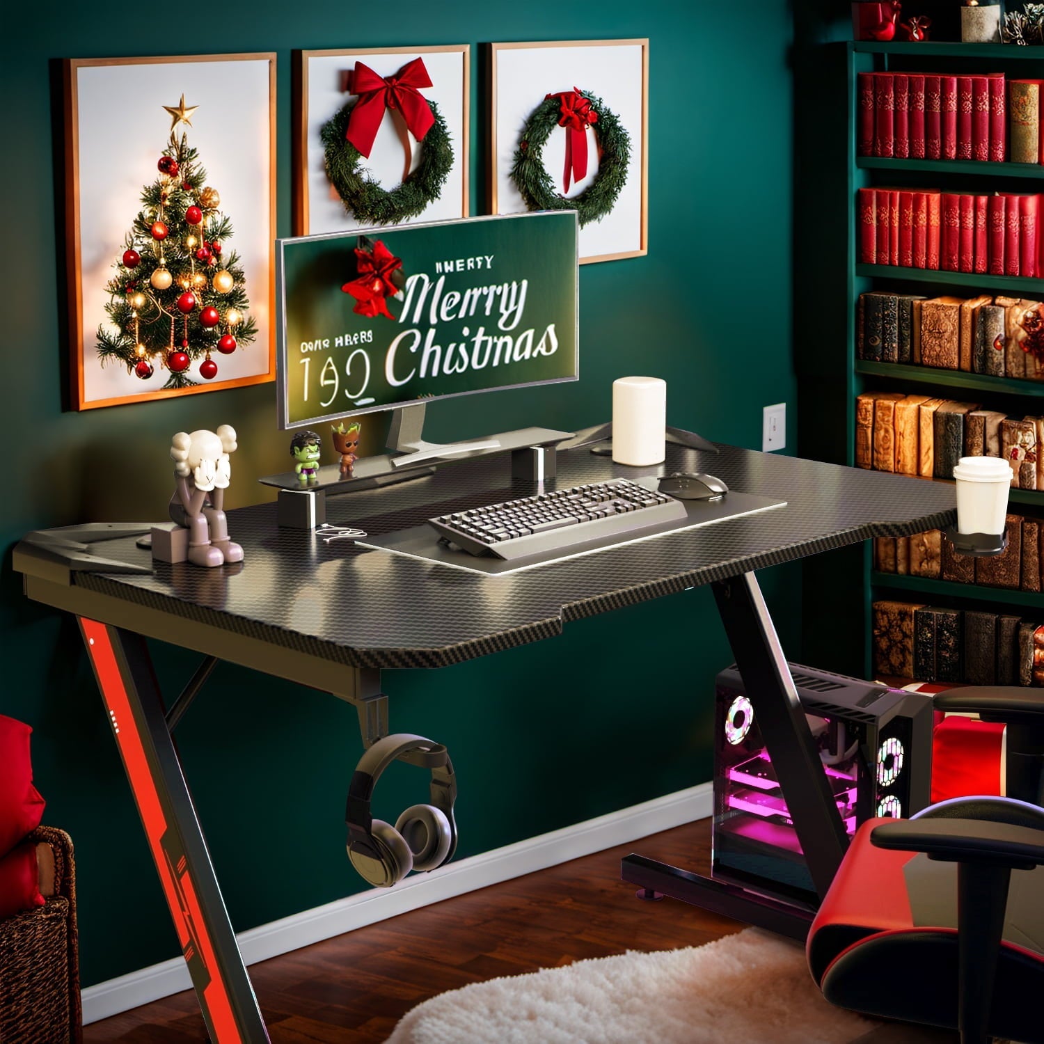 Homall 44 Inches Z-Shaped Gaming Desk Carbon Fiber Surface Desk with Cup Holder & Headphone Hook, Black